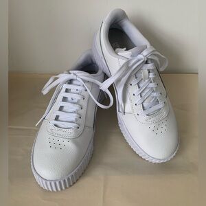 Puma Carina, size 7.5M, all-white leather upper. Worn once indoors.